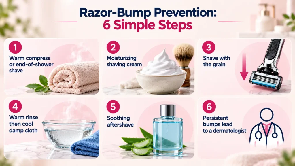 Six-step checklist for preventing razor bumps, from warm-water prep to aftershave and seeing a dermatologist if bumps persist