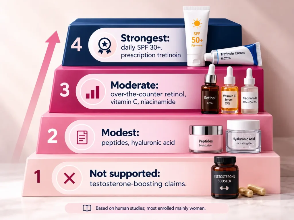male-skin-regeneration-secrets-Four-step infographic ranking skincare options from strongest evidence, sunscreen and prescription tretinoin, to unsupported testosterone-boosting claims