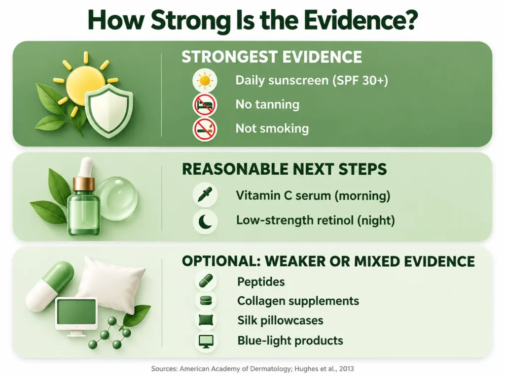 best-anti-aging-products-for-prevention-in-your-20s. Chart ranking anti-aging steps by strength of evidence, from daily sunscreen to optional extras.