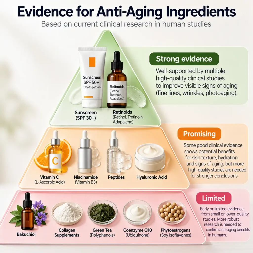 Pyramid grouping anti-aging interventions by strength of evidence