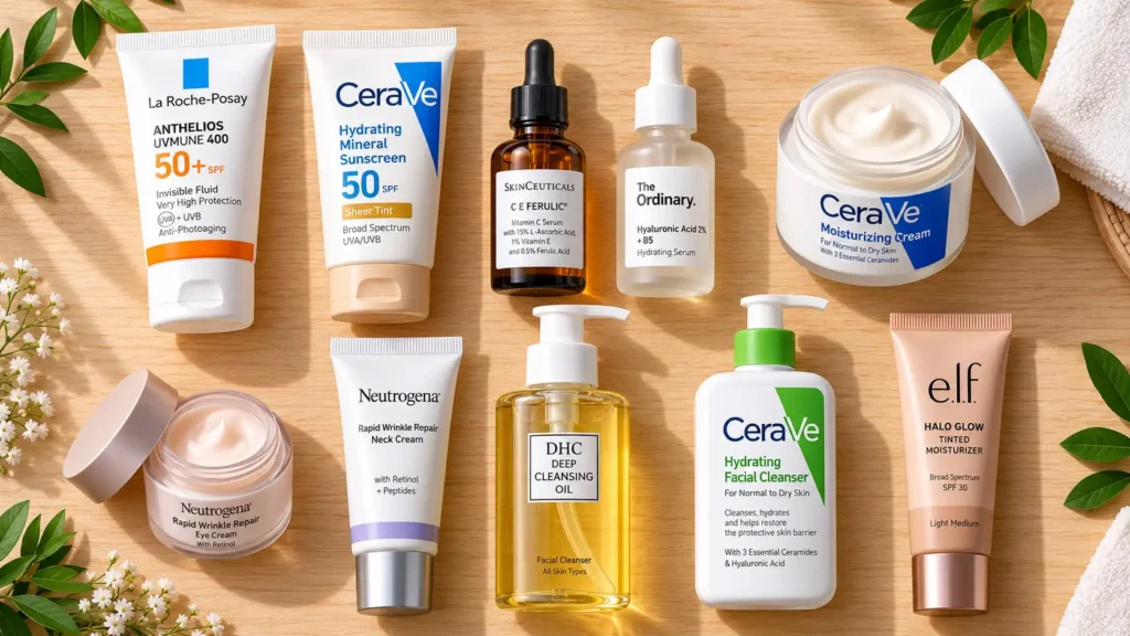 Ten generic skincare products arranged in rows, including sunscreen, serums and moisturizers.
