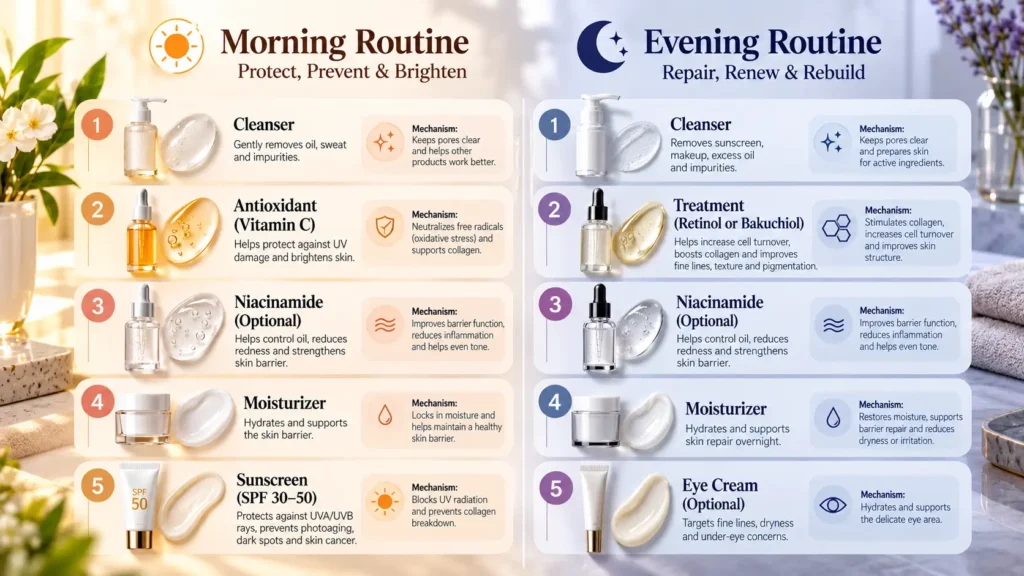 Morning and evening skincare routine matched to the aging mechanism each step targets