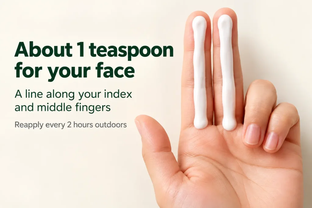 Two fingers with a line of sunscreen along their full length, showing the amount for the face.