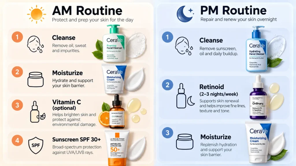 Chart of a morning and night anti-aging skincare regimen and routine for men