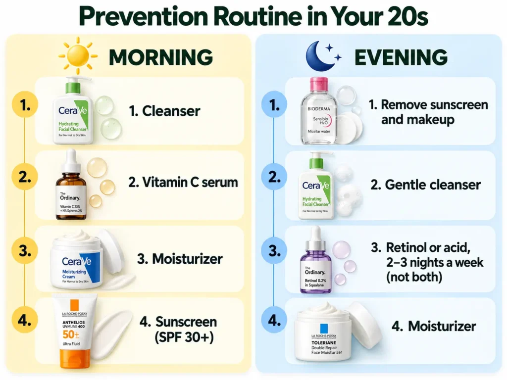Morning and evening skincare routine in four steps each.