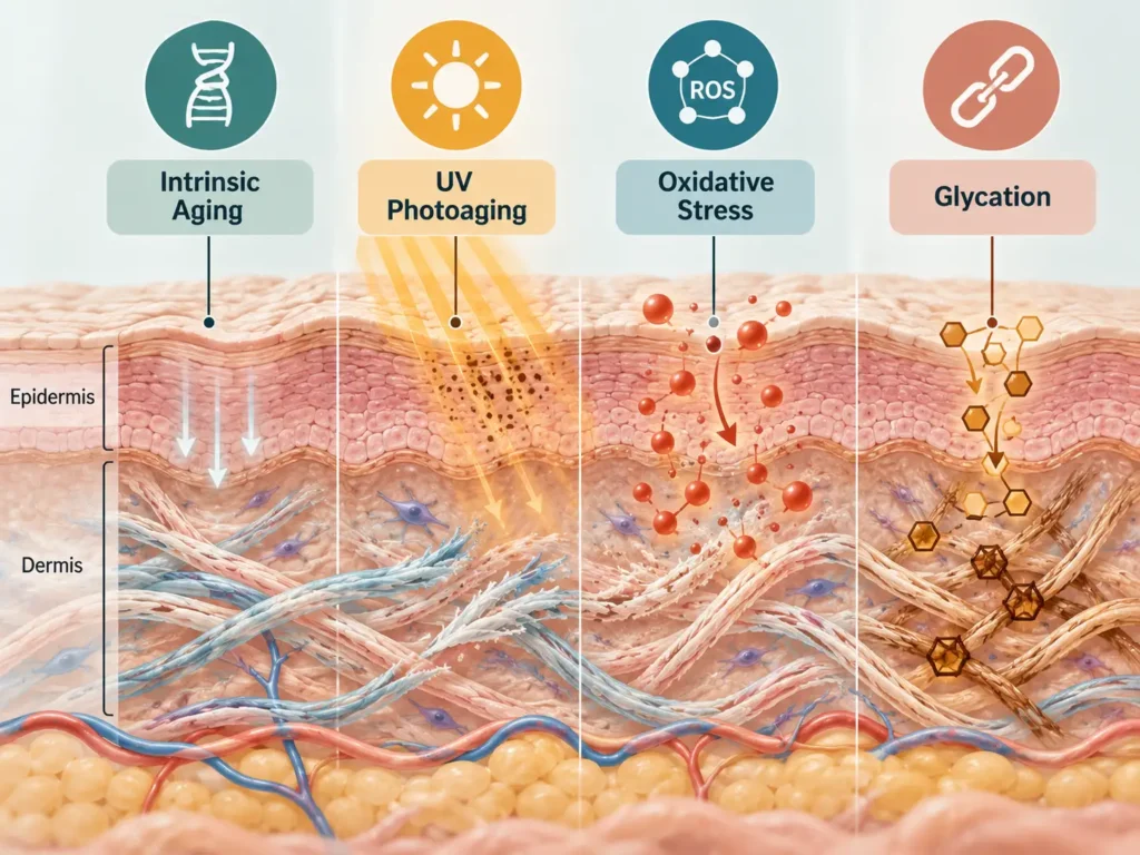 Diagram of skin layers showing intrinsic aging, UV damage, oxidative stress and glycation of collagen
