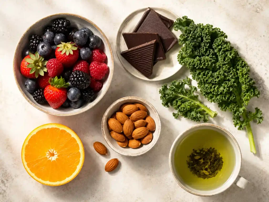Antioxidant-rich foods that support cellular skin renewal — berries, dark chocolate, leafy greens, almonds, and green tea