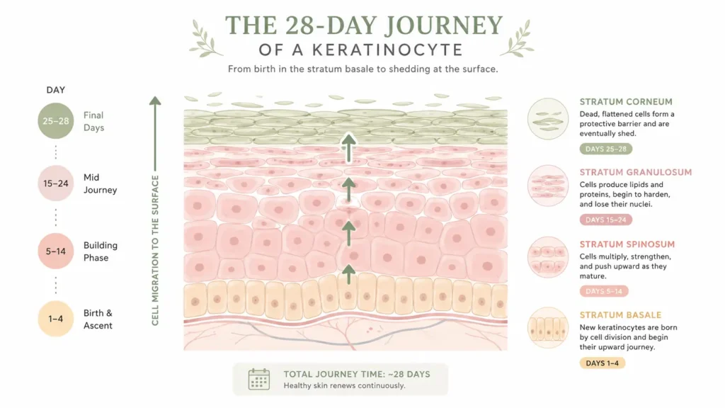 Educational diagram showing the 28-day skin cell renewal cycle — keratinocytes traveling from the basal layer to the surface
