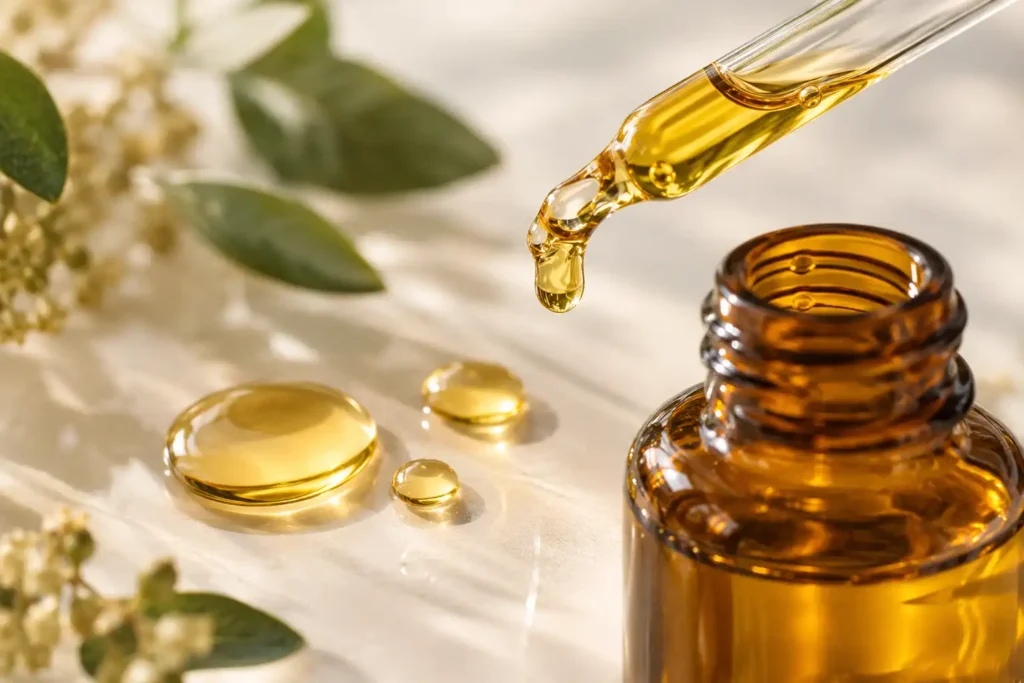 Golden vitamin E oil in a glass pipette beside an amber dropper bottle.
