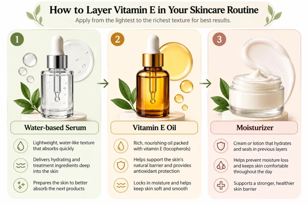 Skincare layering order showing water-based serum, vitamin E oil, and moisturizer.