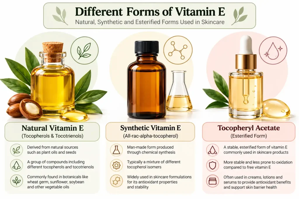 Educational illustration comparing natural and synthetic vitamin E with tocopheryl acetate.
