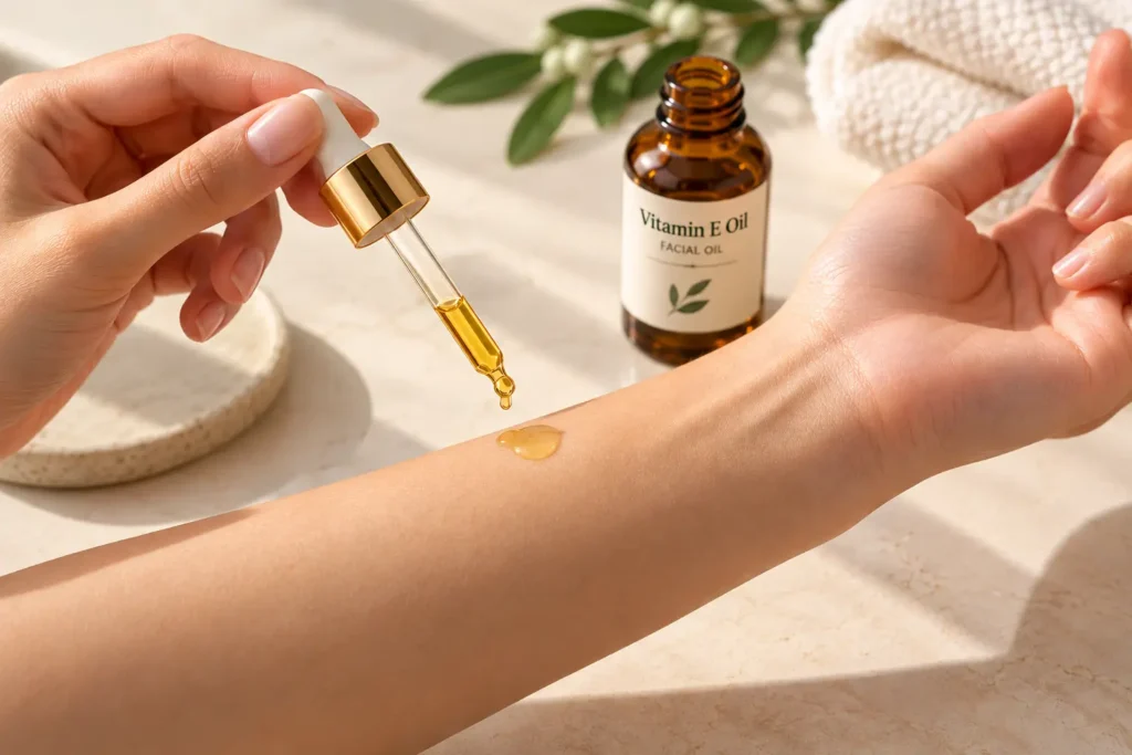 Applying a small drop of facial oil to the inner forearm for a patch test.