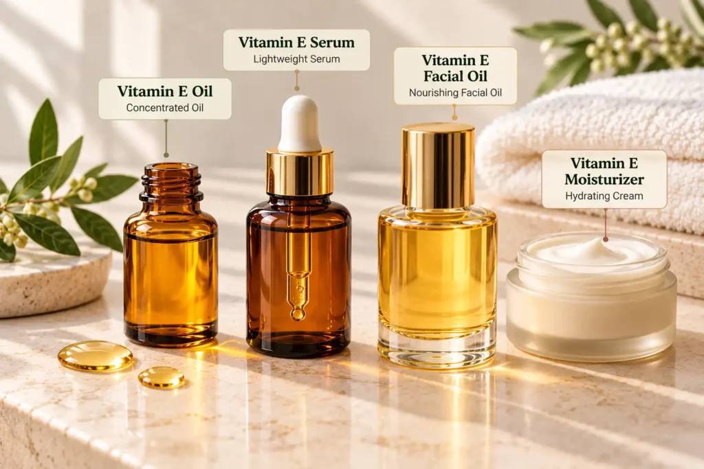 Concentrated vitamin E oil, facial oil, and serum arranged for product comparison.