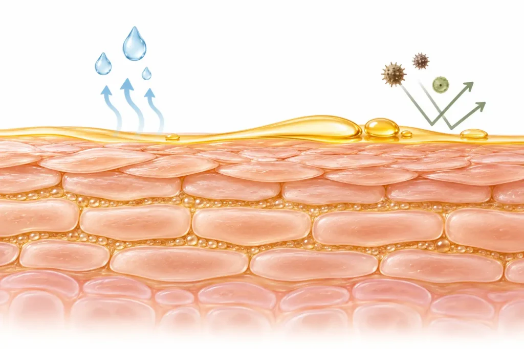 Simplified skin barrier illustration showing an oil layer on the skin surface.