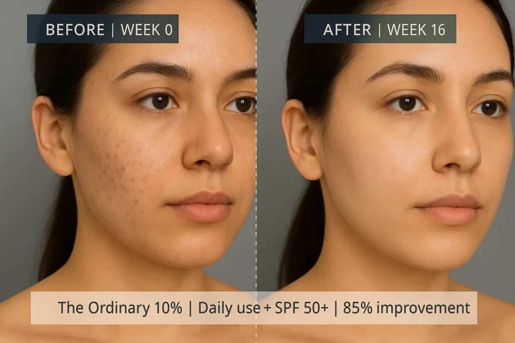 Before-and-after-comparison-showing-85-fading-of-post-inflammatory-hyperpigmentation-on-light-medium-skin-after-16-weeks-using-The-Ordinary-azelaic-acid-10-with-daily-SPF-50