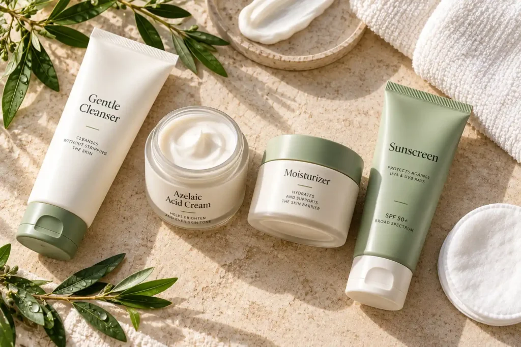 Flat lay of cleanser, azelaic acid cream, moisturizer and sunscreen in routine order