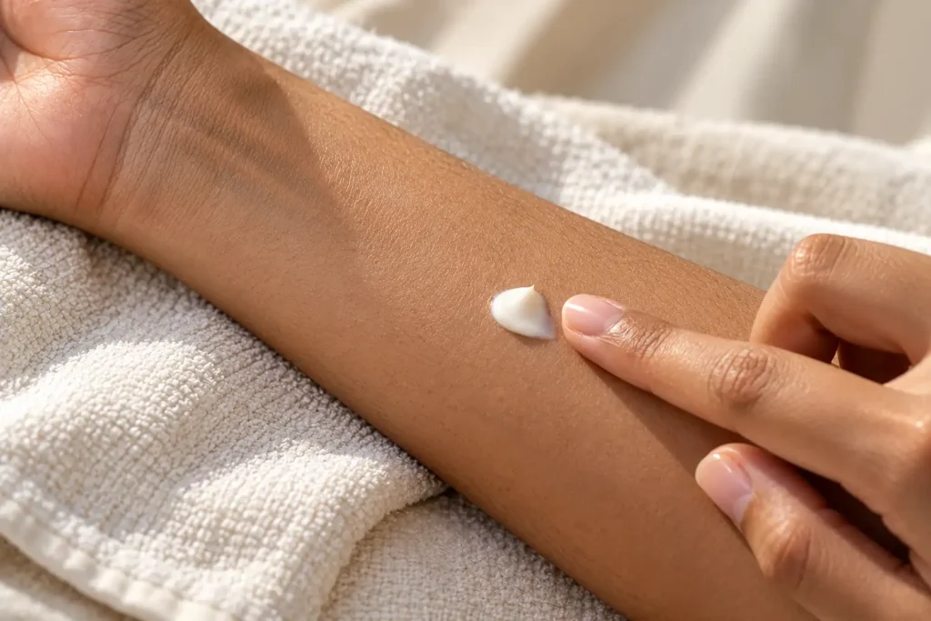 Pea-sized dot of cream on a forearm for a patch test