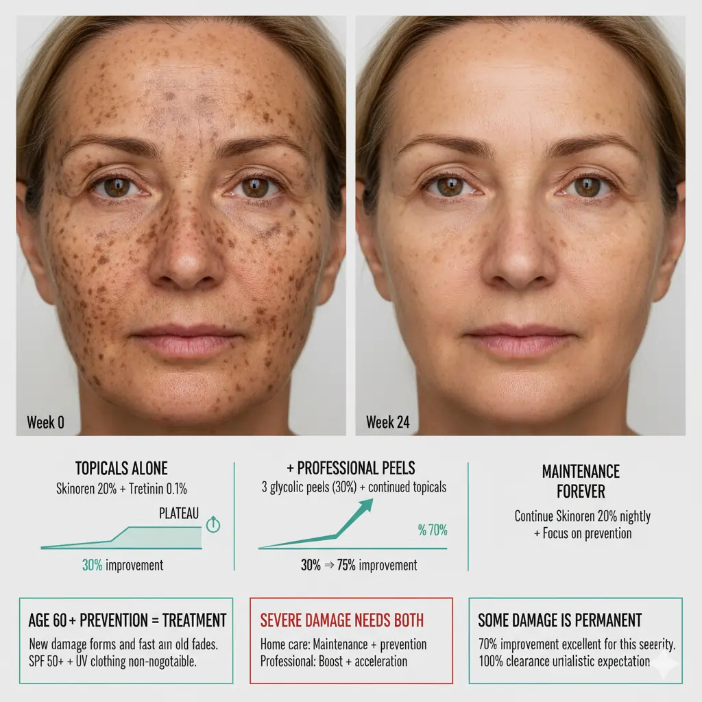 Before and after showing 70% improvement in severe sun damage, age 62, using combination approach of azelaic acid 20% plus tretinoin daily with three professional glycolic chemical peels for optimal results in mature skin