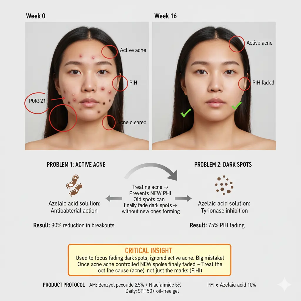 Before and after showing simultaneous clearance of active acne and 75% fading of post-inflammatory hyperpigmentation after 16 weeks using azelaic acid plus benzoyl peroxide, demonstrating dual-benefit treatment approach
