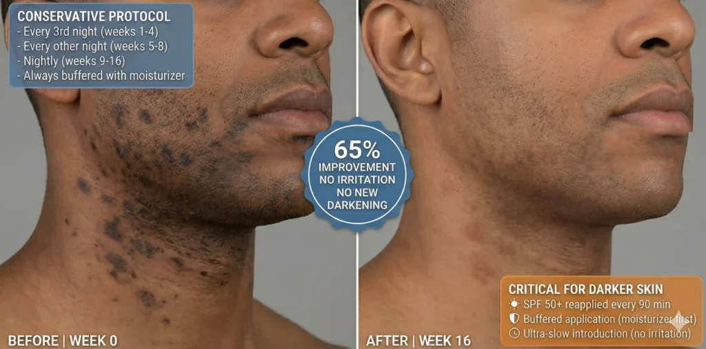 Before and after showing 65% fading of post-inflammatory hyperpigmentation on Fitzpatrick type V darker skin using conservative azelaic acid protocol with no irritation or worsening over 16 weeks