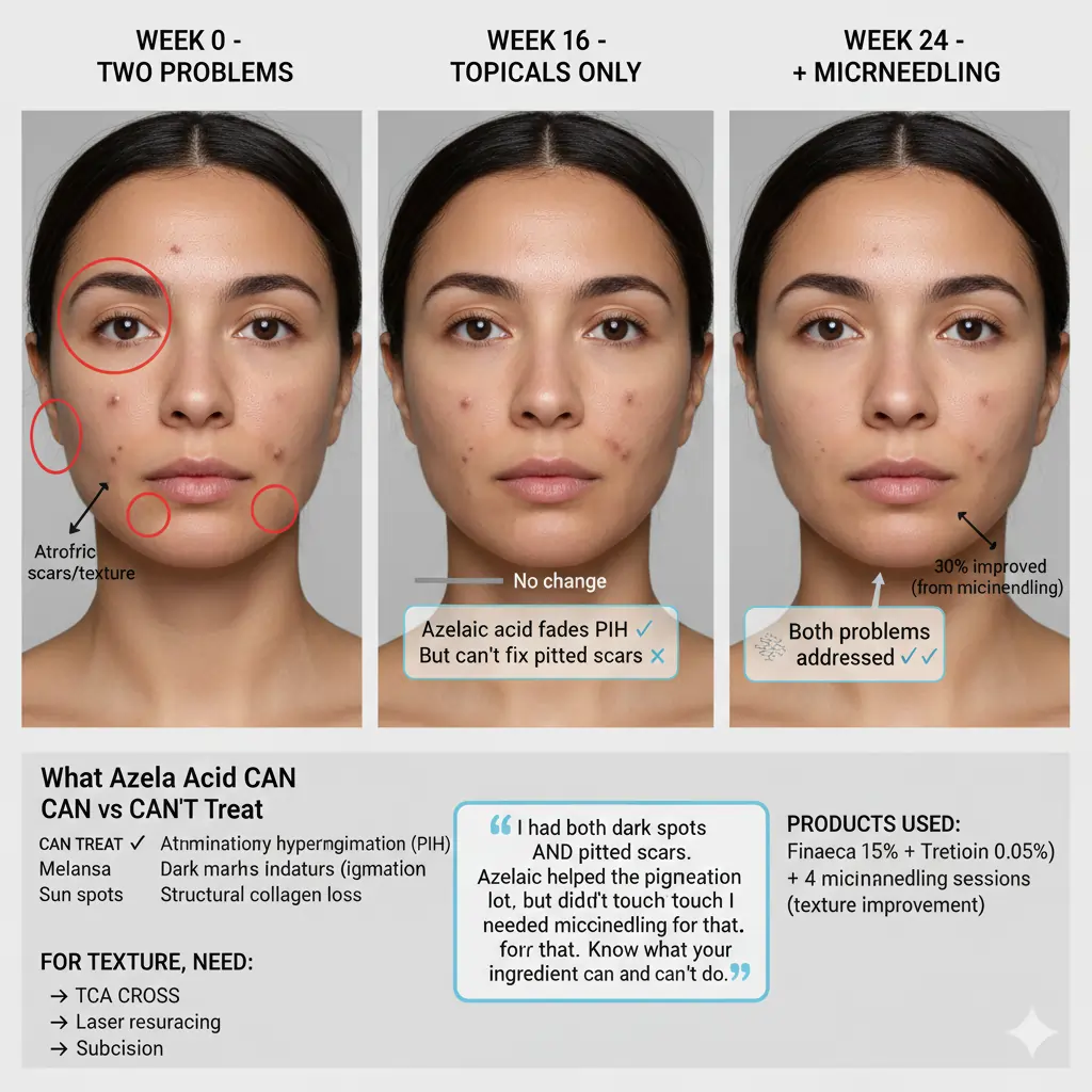 Educational comparison showing azelaic acid successfully fading post-inflammatory hyperpigmentation 65% but requiring microneedling for atrophic acne scar texture improvement, demonstrating realistic expectations for different skin concerns
