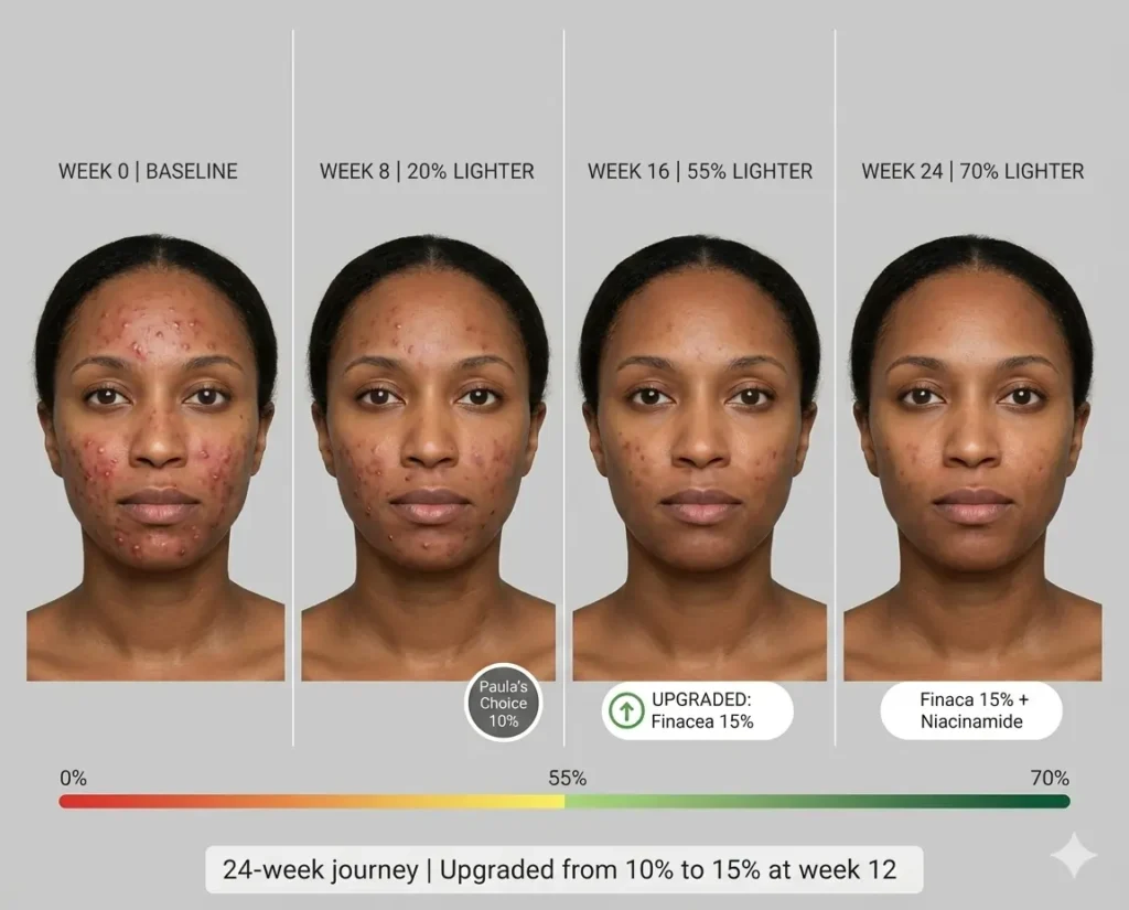 Four-panel timeline showing gradual fading of old post-inflammatory hyperpigmentation on medium-dark skin over 24 weeks, upgrading from 10% to 15% azelaic acid concentration with 70% final improvement