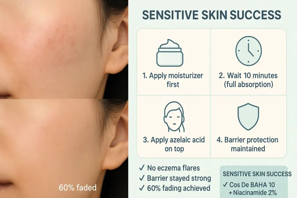 Before and after showing 60% fading of post-eczema hyperpigmentation on sensitive skin using buffering method with azelaic acid plus niacinamide while maintaining healthy skin barrier