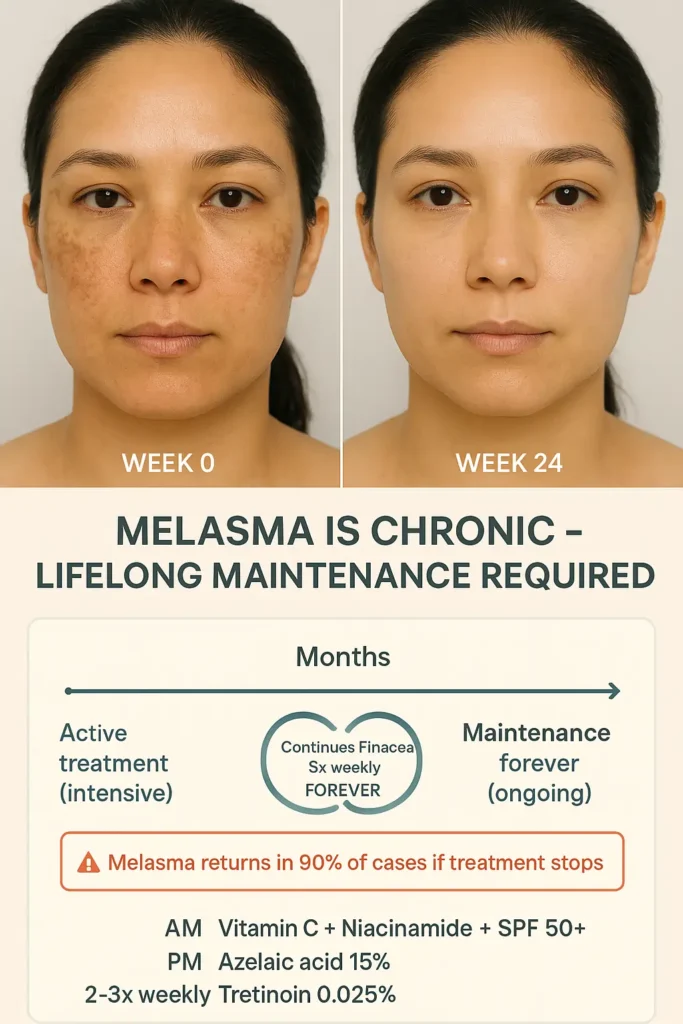 Before and after showing 65% improvement in pregnancy-related melasma after 24 weeks using combination therapy with azelaic acid, tretinoin, vitamin C and niacinamide, with emphasis on lifelong maintenance requirement