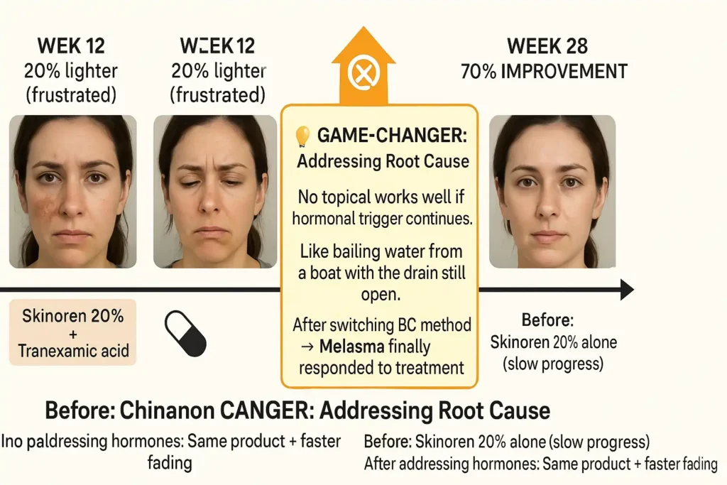 Timeline showing melasma improvement accelerating from 20% to 70% after switching from hormonal birth control to copper IUD while continuing azelaic acid 20% treatment, demonstrating importance of addressing hormonal triggers