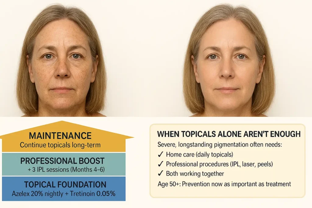 Before and after showing 75% improvement in melasma plus sun damage using combination home care (azelaic acid 20% and tretinoin) with professional IPL treatments, demonstrating layered approach for severe pigmentation