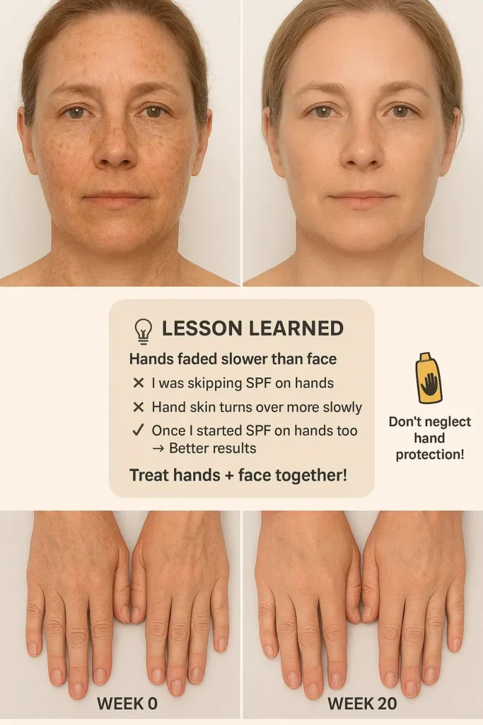 Before and after comparison showing 70% fading of sun spots on face and 55% on hands after 20 weeks using azelaic acid 10% and vitamin C with strict SPF protection on both areas