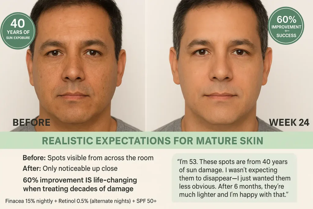 Before and after showing 60% fading of moderate sun damage in male, age 53, after 24 weeks using azelaic acid 15% and retinol with emphasis on realistic expectations for decades-old sun damage
