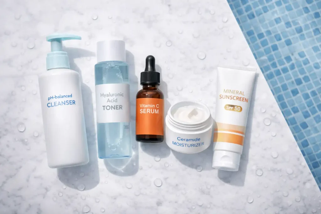 post-swim-skincare-products-flat-lay-essentials