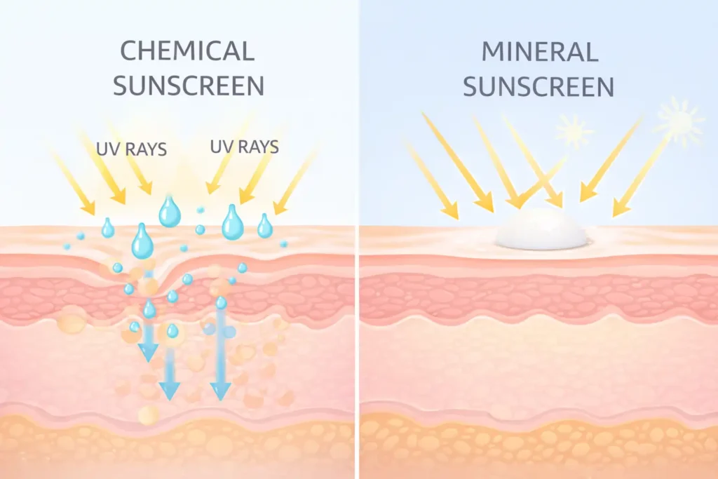 Mineral vs chemical sunscreen absorption in sensitive skin diagram SEO