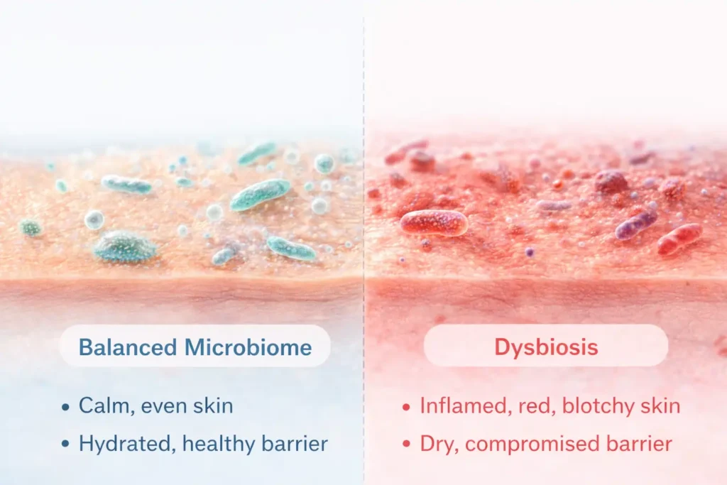 Side-by-side comparison of balanced skin microbiome versus dysbiosis showing visible skin symptoms -skin-microbiome-and-how-to-protect-it/