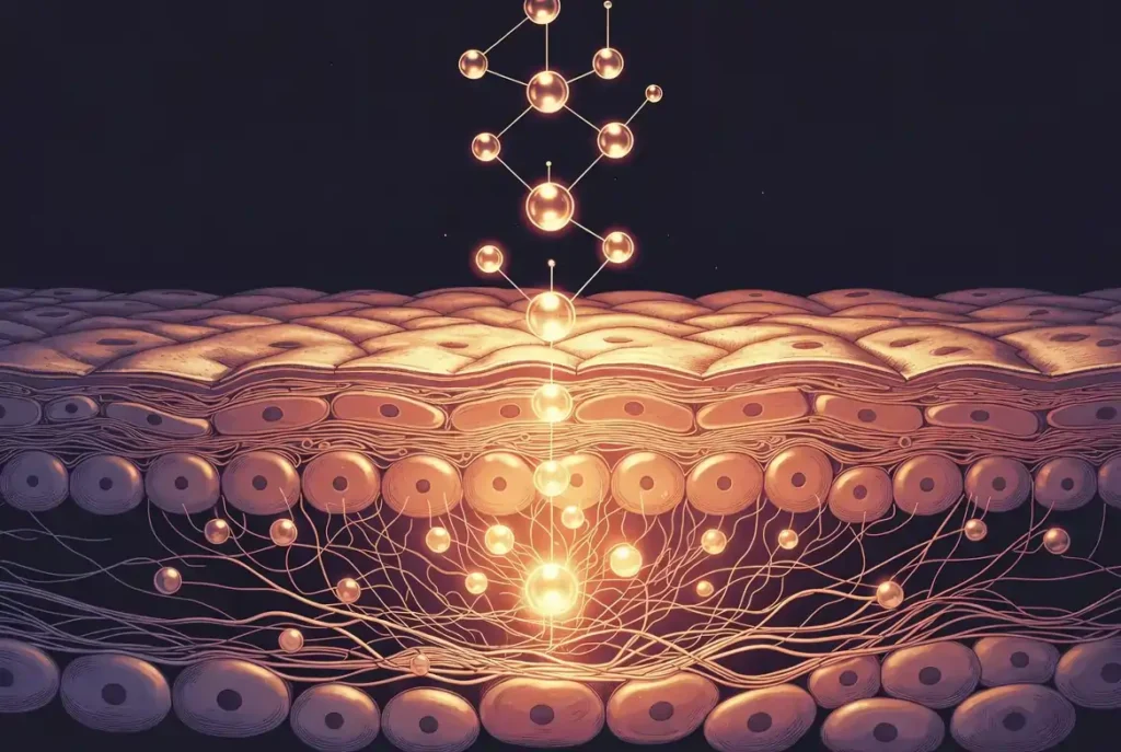 Scientific illustration of retinol working at cellular level through skin layers showing molecular pathway