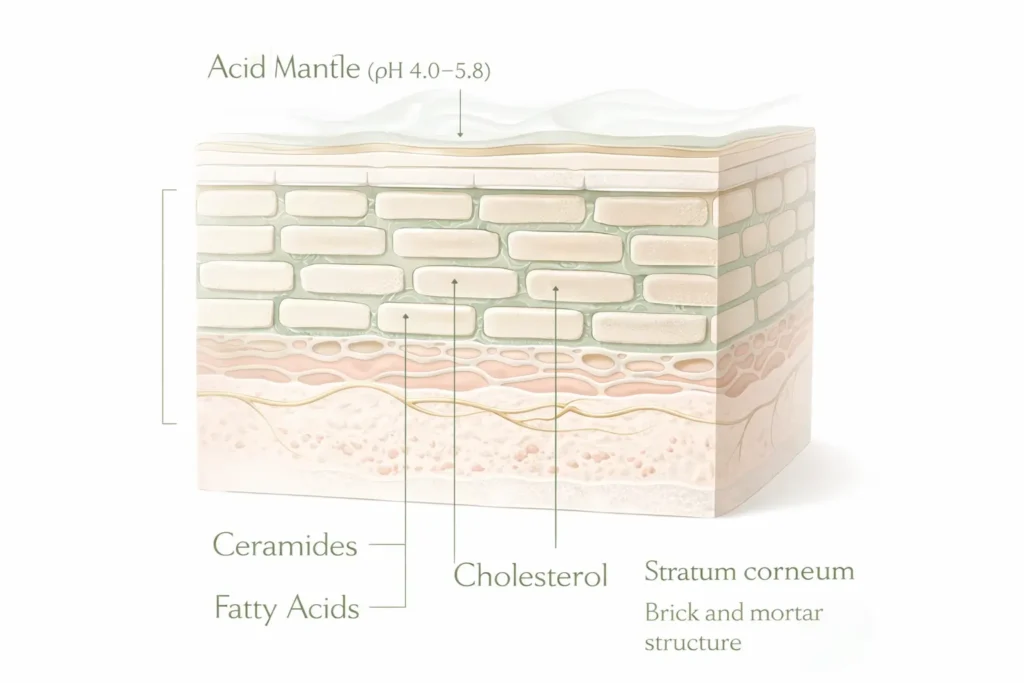 skin barrier stratum corneum brick and mortar structure ceramides cholesterol fatty acids diagram