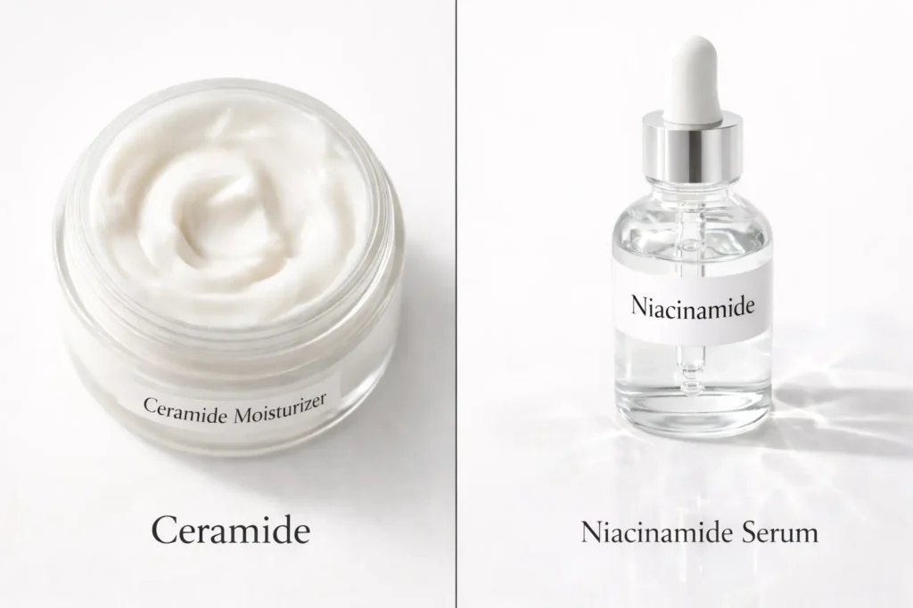 Step-by-step skin barrier repair morning routine featuring cleanser, niacinamide serum, ceramide moisturizer, and mineral SPF