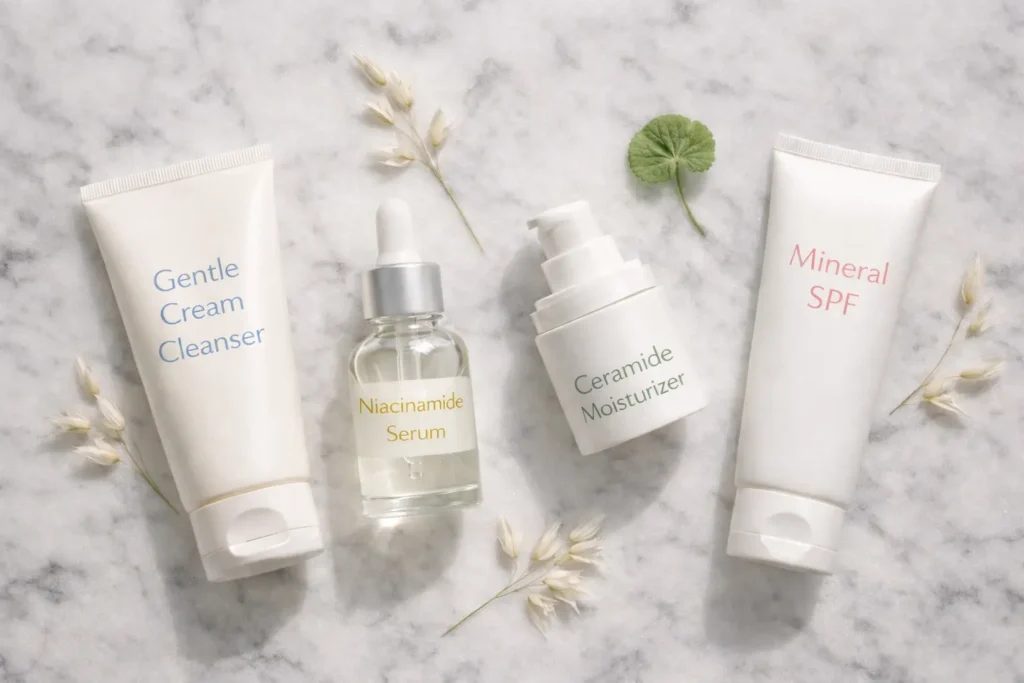 skin barrier repair routine cleanser niacinamide serum ceramide moisturizer SPF sunscreen flatlay
