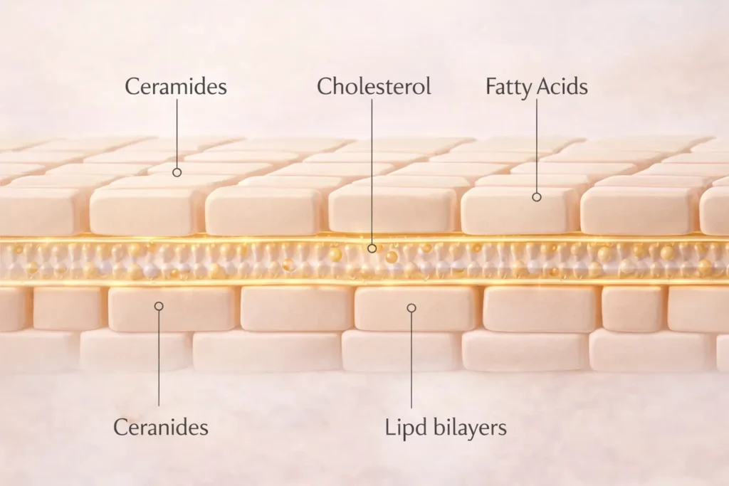 Diagram showing the skin barrier's brick and mortar structure — corneocytes and ceramide lipid matrix in the stratum corneum