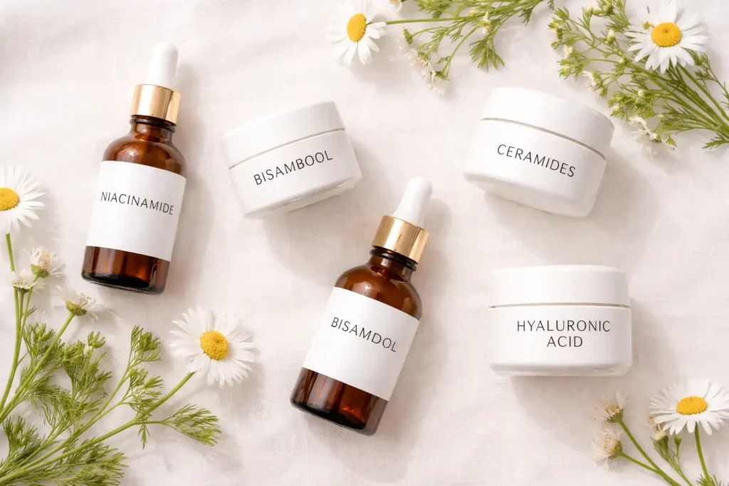 Soothing inactive sunscreen ingredients for sensitive skin — niacinamide ceramides hyaluronic acid bisabolol