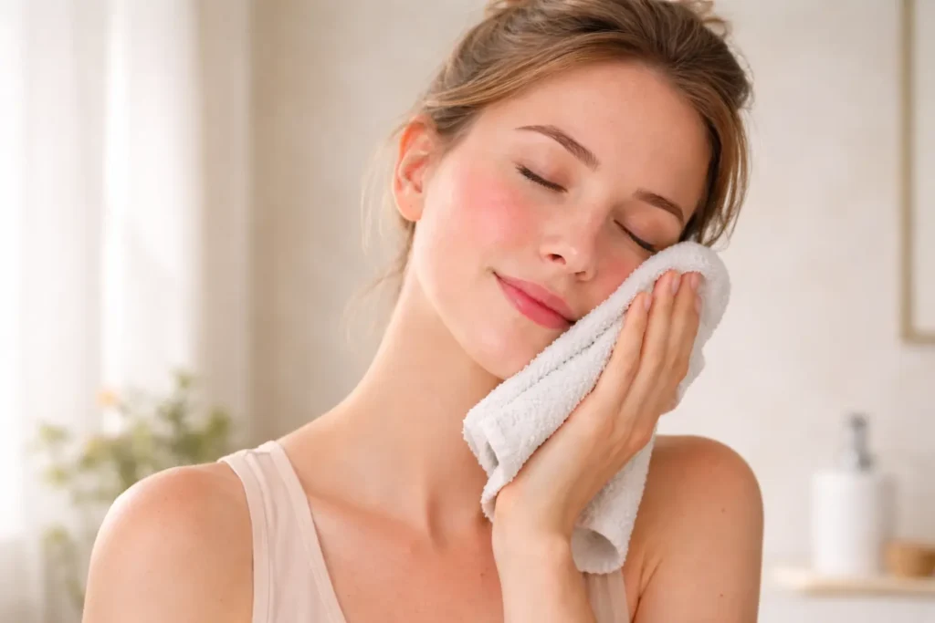 Woman using cool compress to calm a rosacea flare-up on sensitive facial skin.