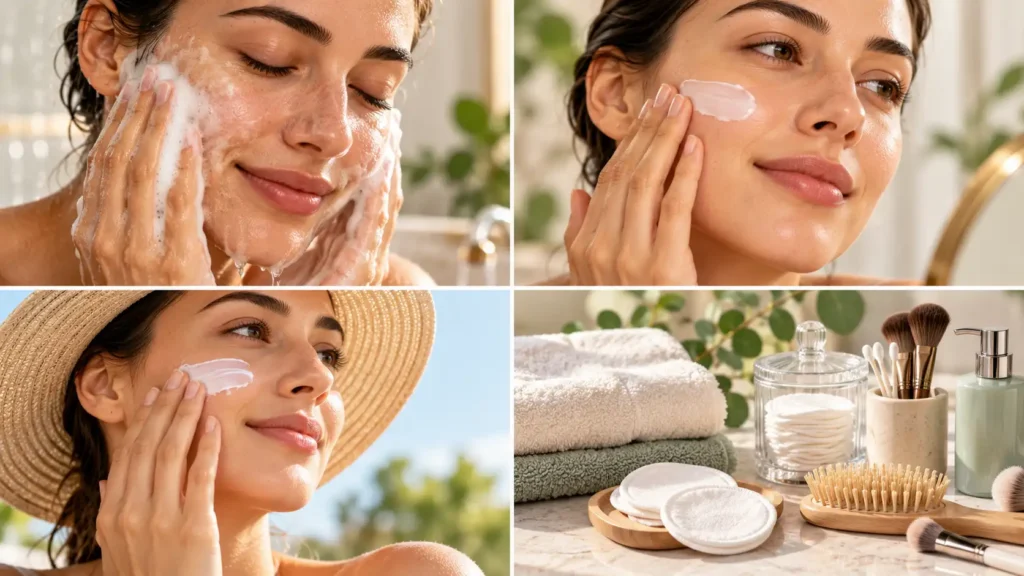 skin-microbiome-skin-and-how-to- protect-it-skinGentle cleansing, moisturizing, sunscreen use, and clean skincare tools