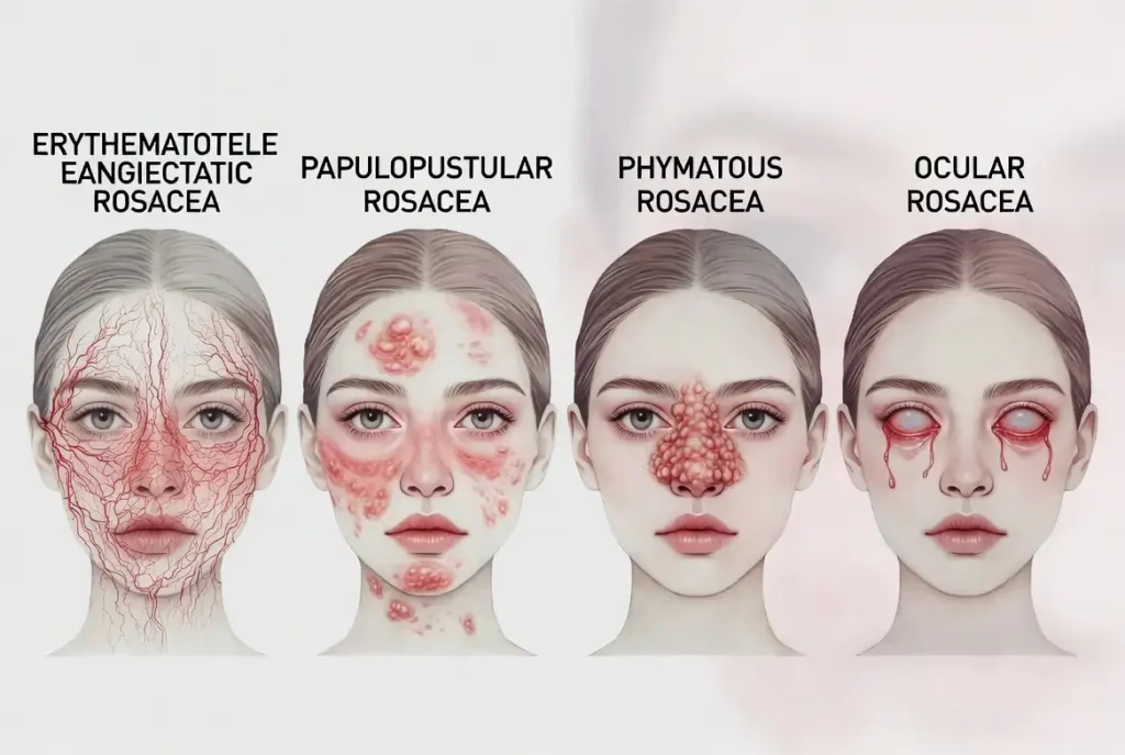 Diagram showing the four types of rosacea for skin identification-is-niacinamide-bad-for-rosacea