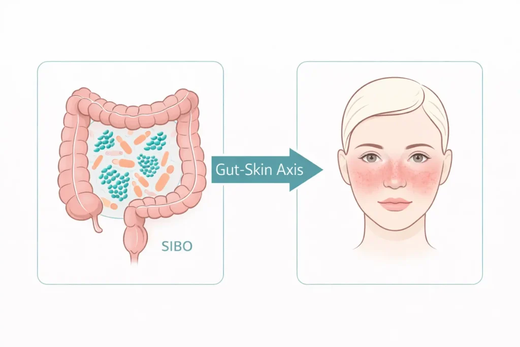 Gut-skin axis diagram showing connection between SIBO and rosacea flare-ups