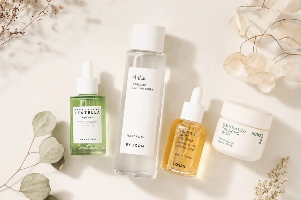 Korean skincare products for rosacea featuring centella asiatica and niacinamide.