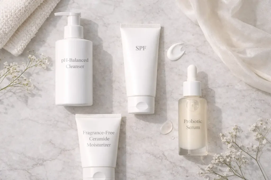Microbiome-friendly skincare routine with pH-balanced cleanser, ceramide moisturizer, and SPF products skin-microbiome-and-how-to-protect-it/