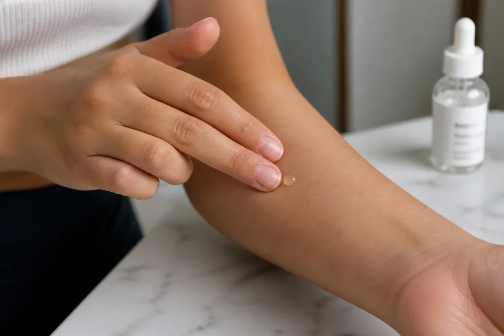 How to patch test niacinamide serum on sensitive skin inner arm demonstration