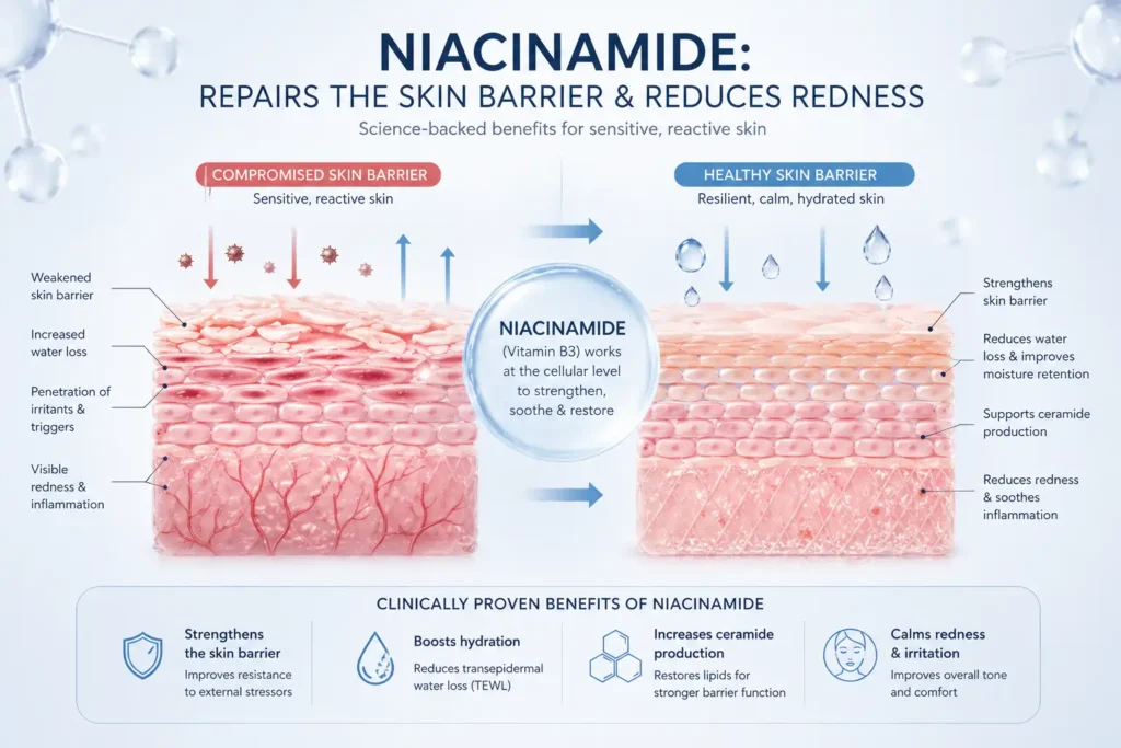 Infographic showing how niacinamide repairs the skin barrier and reduces redness in sensitive skin