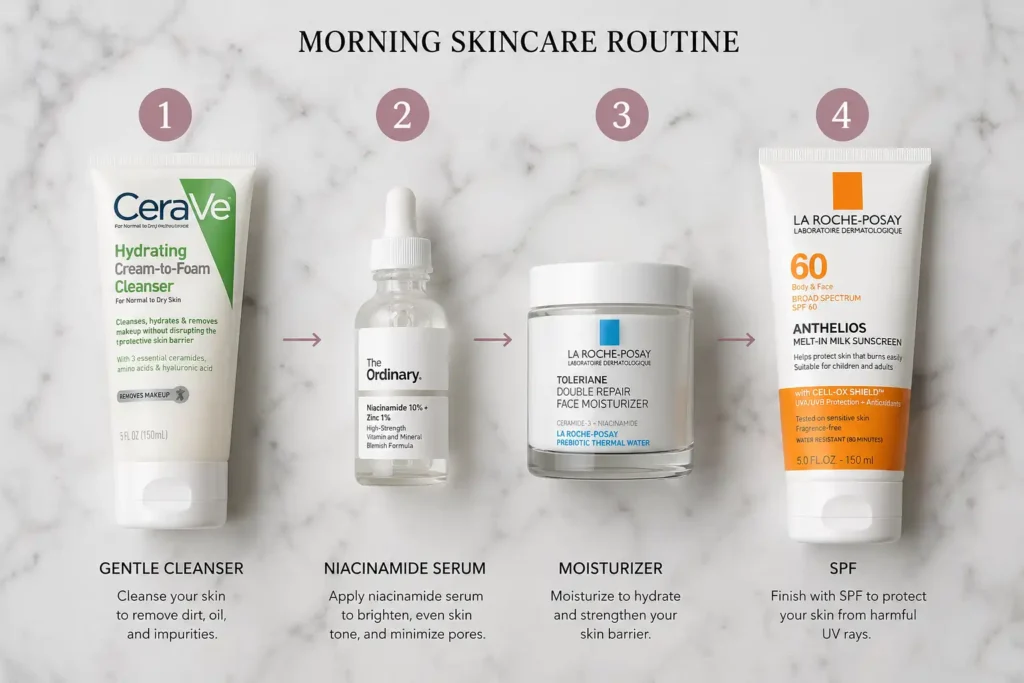 Step-by-step sensitive skin morning skincare routine featuring niacinamide serum